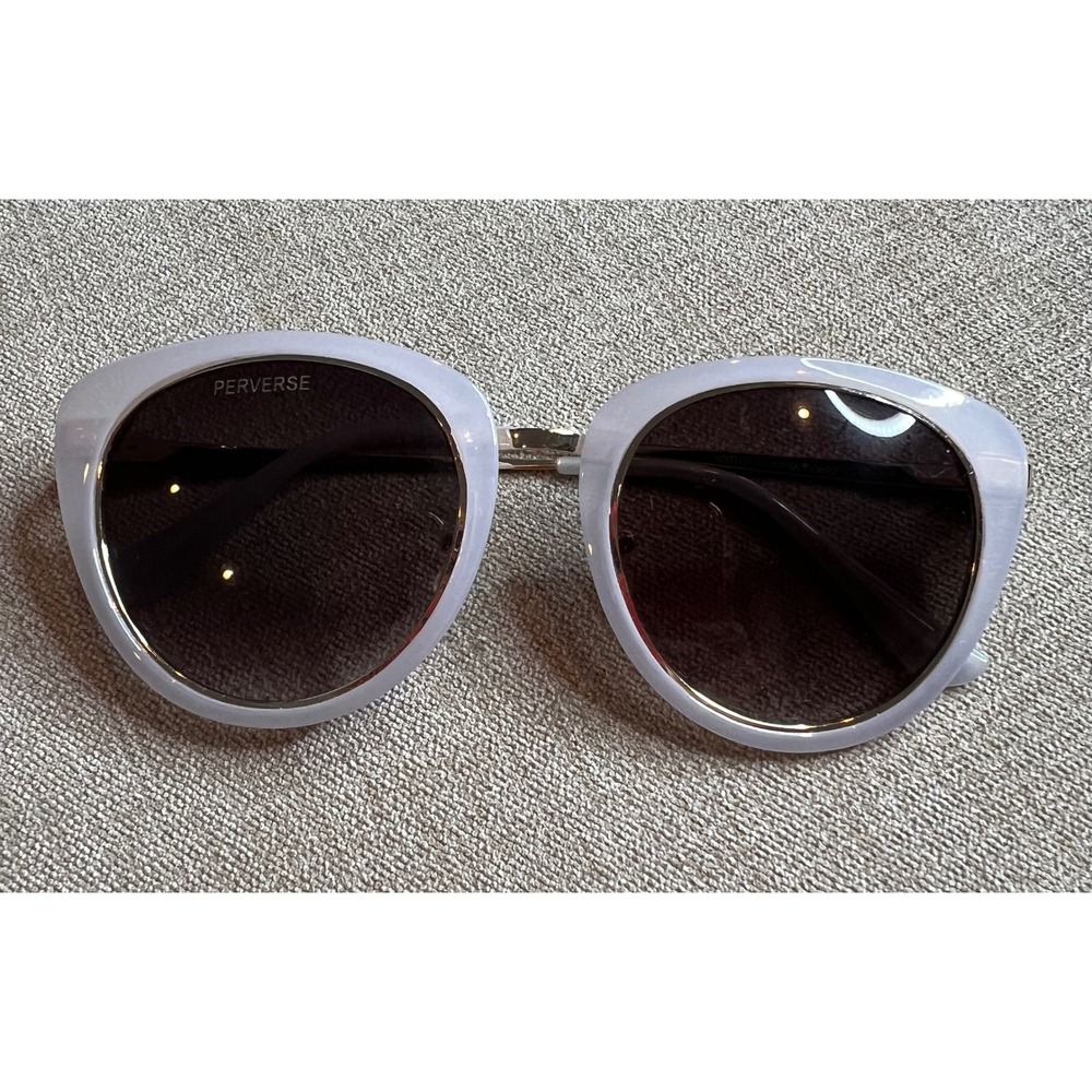 Perverse Sunglasses Lavender Lilac Oversized Round Gold Trim Dark Tint Lenses